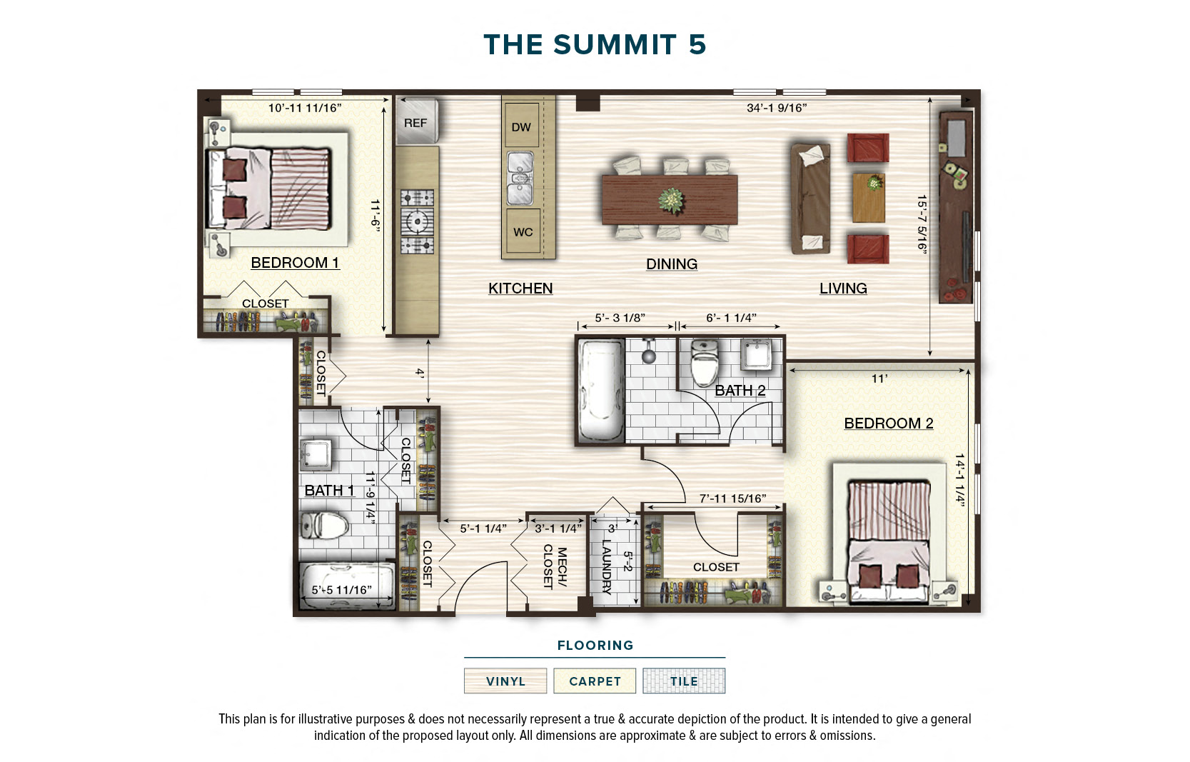 Floor plan for 2 beds, 2 baths, 1278 sqft